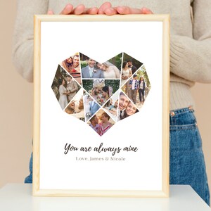 May include: A framed print featuring a heart-shaped collage of photographs. The photos depict a couple and their friends and family. The text "You are always mine" is written beneath the collage, followed by "Love, James & Nicole".