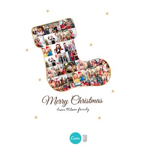 K&ouml;nnte beinhalten: Ein Weihnachtsstrumpf gef&uuml;llt mit Fotos einer Familie. Der Strumpf ist golden mit einem wei&szlig;en Umriss. Der Text "Frohe Weihnachten von der Familie Wilson" befindet sich unter dem Strumpf.