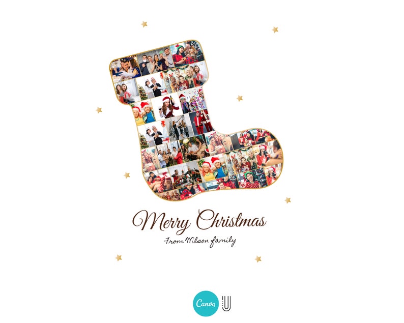 K&ouml;nnte beinhalten: Ein Weihnachtsstrumpf gef&uuml;llt mit Fotos einer Familie. Der Strumpf ist golden mit einem wei&szlig;en Umriss. Der Text "Frohe Weihnachten von der Familie Wilson" befindet sich unter dem Strumpf.