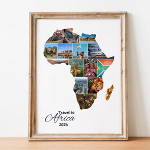 May include: A collage of photographs depicting various aspects of Africa, including wildlife, landscapes, and people. The photographs are arranged in the shape of the continent of Africa. The text "Travel to Africa 2024" is printed below the collage.