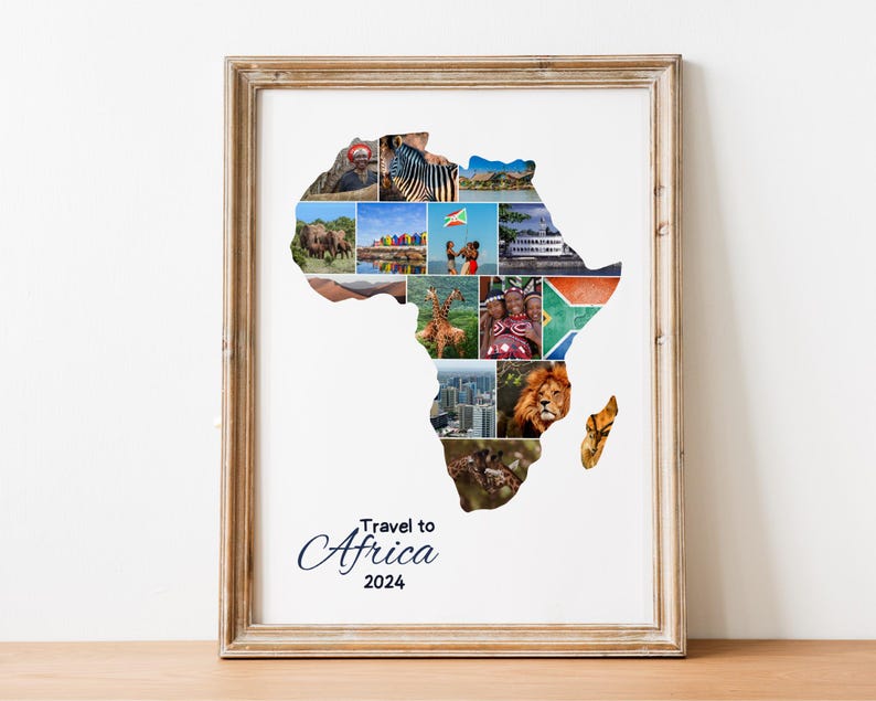 May include: A collage of photographs depicting various aspects of Africa, including wildlife, landscapes, and people. The photographs are arranged in the shape of the continent of Africa. The text "Travel to Africa 2024" is printed below the collage.