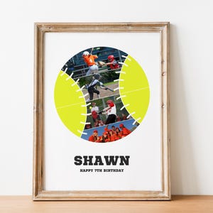 May include: A yellow softball with white stitching is divided into sections with photos of kids playing softball. The text "SHAWN Happy 7th Birthday" is at the bottom of the image.
