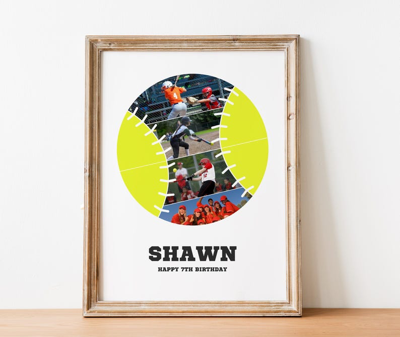 May include: A yellow softball with white stitching is divided into sections with photos of kids playing softball. The text "SHAWN Happy 7th Birthday" is at the bottom of the image.