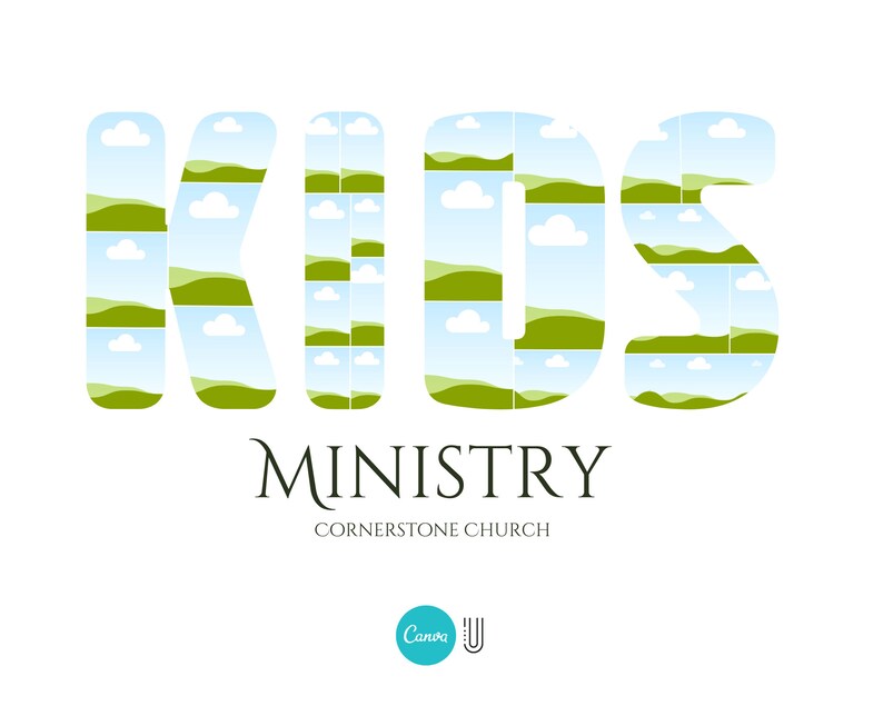 May include: A graphic design for a children's ministry at Cornerstone Church. The word "KIDS" is made up of green and blue squares that resemble a landscape with clouds. The text "MINISTRY" is below the word "KIDS" and the text "CORNERSTONE CHURCH" is below the word "MINISTRY".