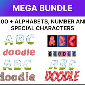 Entwerfe und verkaufe benutzerdefinierte Doodle-Alphabet-Buchstaben in Canva mit den bearbeitbaren PNG-Buchstabenrahmen der Alphaset MEGA Collection.