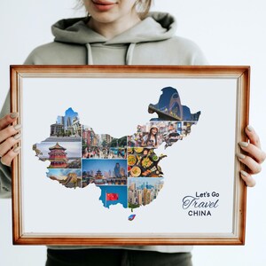 May include: A framed print of a map of China with a collage of images of different landmarks and scenes. The text "Let's Go Travel CHINA" is printed below the map.