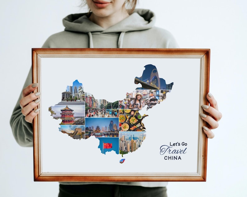 May include: A framed print of a map of China with a collage of images of different landmarks and scenes. The text "Let's Go Travel CHINA" is printed below the map.