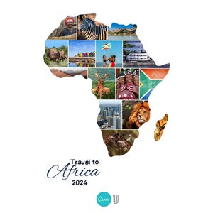 May include: A collage of images depicting various aspects of Africa, including wildlife, landscapes, and people. The images are arranged in the shape of the continent of Africa. The text "Travel to Africa 2024" is written below the collage.