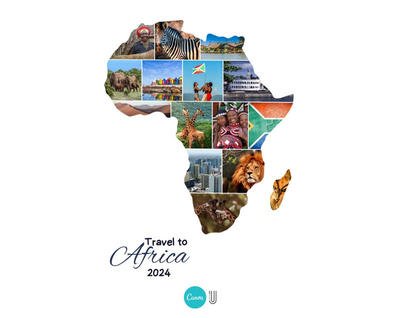 May include: A collage of images depicting various aspects of Africa, including wildlife, landscapes, and people. The images are arranged in the shape of the continent of Africa. The text "Travel to Africa 2024" is written below the collage.