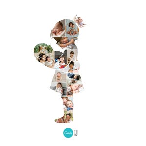 May include: A silhouette of a girl filled with multiple baby photos. The girl is holding a heart-shaped object, also filled with baby photos. The photos are in various poses and settings, showcasing a collage of baby memories. The background is white.