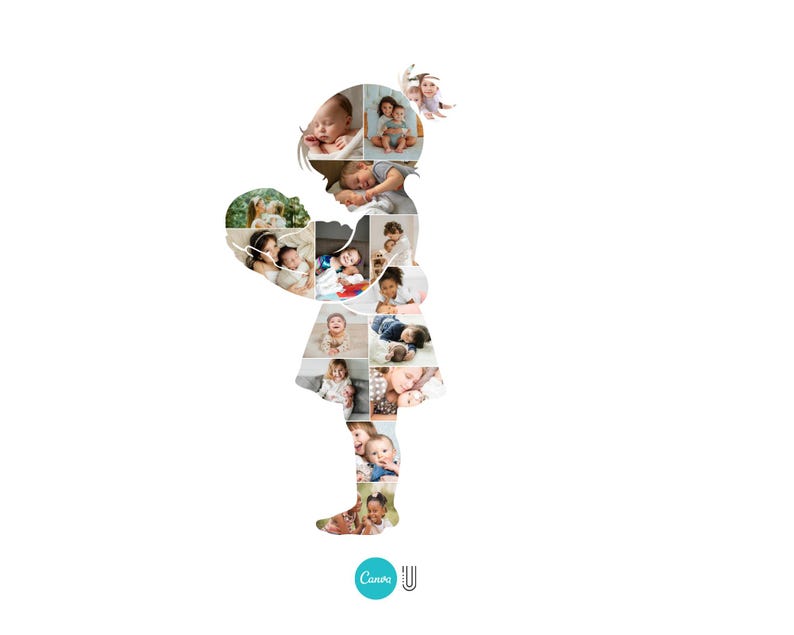 May include: A silhouette of a girl filled with multiple baby photos. The girl is holding a heart-shaped object, also filled with baby photos. The photos are in various poses and settings, showcasing a collage of baby memories. The background is white.