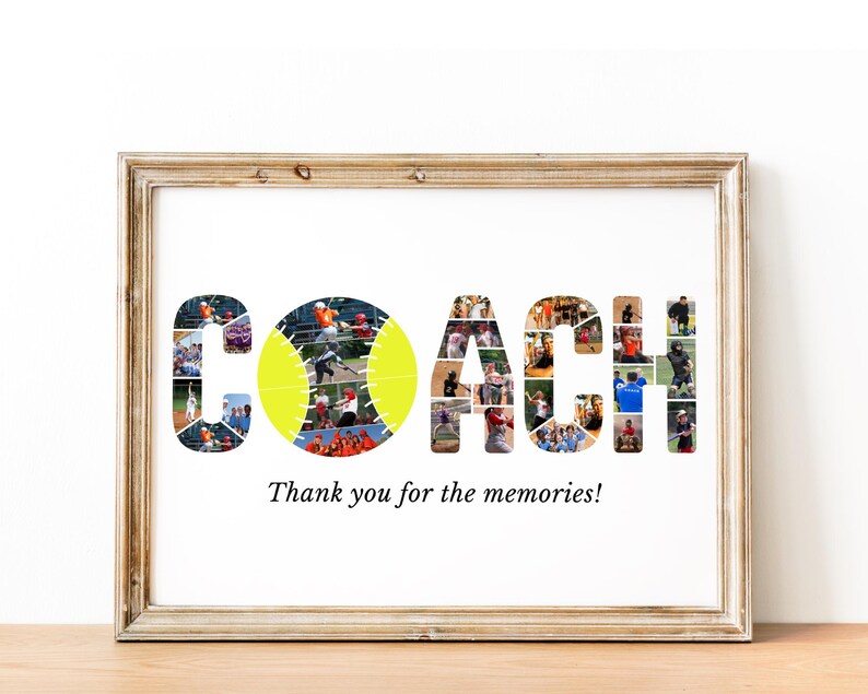Pode incluir: Impress&atilde;o emoldurada com a palavra "COACH" composta por uma colagem de fotos, com uma bola de t&ecirc;nis amarela como "O". O texto "Thank you for the memories!" est&aacute; abaixo. A moldura &eacute; de cor castanho claro.