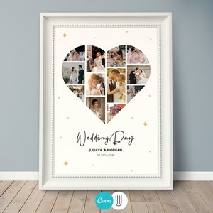 Pu&ograve; includere: Una stampa incorniciata bianca con un collage di foto di matrimonio a forma di cuore. Il testo "Wedding Day" &egrave; scritto in corsivo nero con i nomi "Juliaya & Morgan" e la data "20 Nov. 2023" sotto. Lo sfondo &egrave; bianco con glitter dorati.