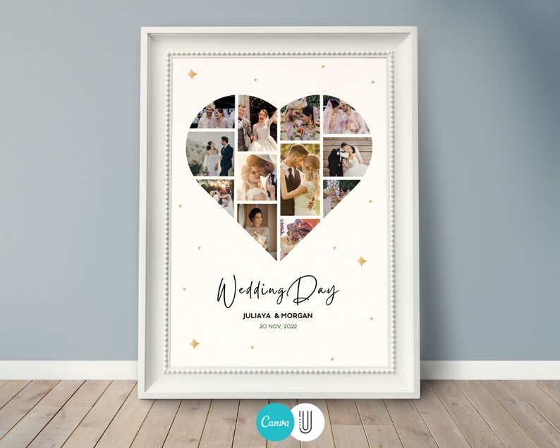 Pu&ograve; includere: Una stampa incorniciata bianca con un collage di foto di matrimonio a forma di cuore. Il testo "Wedding Day" &egrave; scritto in corsivo nero con i nomi "Juliaya & Morgan" e la data "20 Nov. 2023" sotto. Lo sfondo &egrave; bianco con glitter dorati.