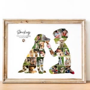 May include: A framed print featuring a collage of dog photos in the shape of a dog and a child. The print includes the name "Smokey" and the text "When I needed a Comfort, I found your Paw."