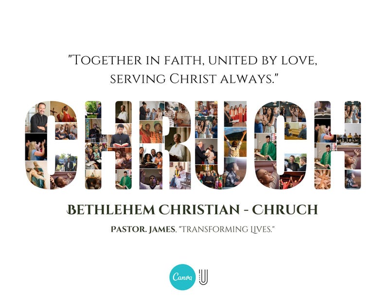 May include: A collage of photos of people in a church setting, forming the word "CHURCH". The text "TOGETHER IN FAITH, UNITED BY LOVE, SERVING CHRIST ALWAYS." is at the top of the image. The text "BETHLEHEM CHRISTIAN - CHURCH" and "PASTOR. JAMES. "TRANSFORMING LIVES." is below the collage. The image has a blue and white logo at the bottom.