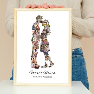 May include: A framed photo collage showing a couple's silhouette composed of multiple photos. The words "Forever Yours" are written below, along with the names "Romeo" and "Angelina". The frame is made of light-coloured wood.