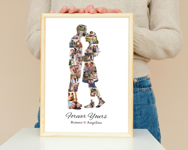 May include: A framed photo collage showing a couple's silhouette composed of multiple photos. The words "Forever Yours" are written below, along with the names "Romeo" and "Angelina". The frame is made of light-coloured wood.