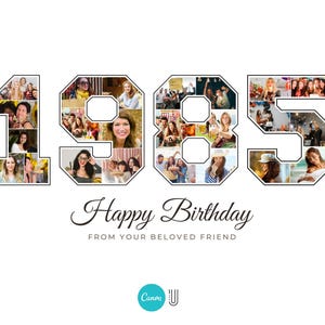 Peut inclure: Une carte d'anniversaire avec un collage de photos en forme du nombre 1985. Le texte "Joyeux anniversaire" et "De la part de votre ami(e) ch&eacute;ri(e)" est situ&eacute; sous le nombre.