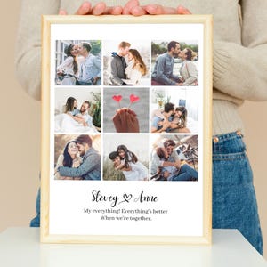 May include: A framed collage featuring nine photos of couples. The wooden frame surrounds the photos and text that reads "Stevey & Anne" and "My everything! Everything's better when we're together."