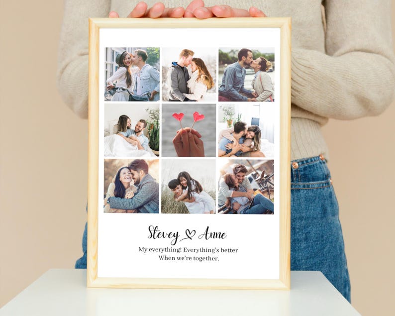 May include: A framed collage featuring nine photos of couples. The wooden frame surrounds the photos and text that reads "Stevey & Anne" and "My everything! Everything's better when we're together."