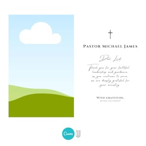 May include: A white card featuring a blue sky and green hills illustration. Text reads "PASTOR MICHAEL JAMES" and a message of gratitude. The Canva logo is in the bottom left corner.