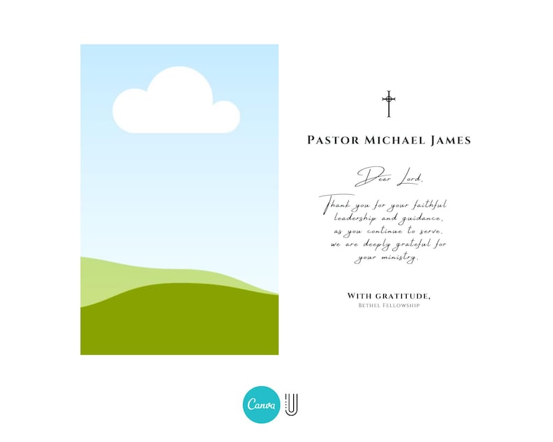 May include: A white card featuring a blue sky and green hills illustration. Text reads "PASTOR MICHAEL JAMES" and a message of gratitude. The Canva logo is in the bottom left corner.