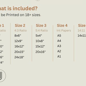 Peut inclure: Graphique beige avec du texte d&eacute;taillant les tailles et les ratios d'impression. Le texte indique &laquo;&nbsp;Ce qui est inclus&nbsp;? Peut &ecirc;tre imprim&eacute; sur plus de 18 tailles&nbsp;&raquo; et r&eacute;pertorie les tailles en centim&egrave;tres, telles que 23x15 cm, 30x20 cm, 38x25 cm, etc.