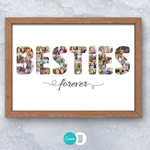 May include: A framed print featuring a photo collage spelling out the word "BESTIES" with the words "forever" written underneath in cursive.