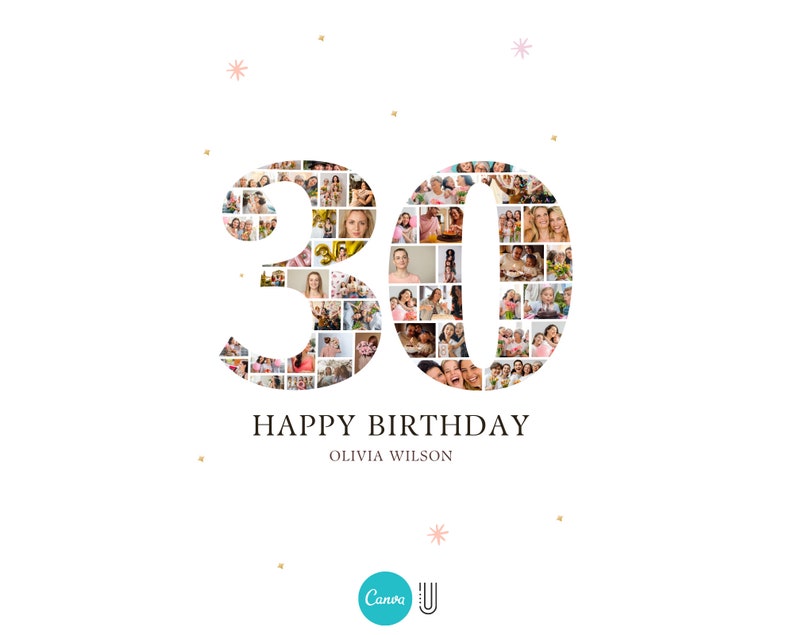 May include: A photo collage in the shape of the number 30. The collage is made up of many small photos of people. The text "Happy Birthday Olivia Wilson" is below the number.
