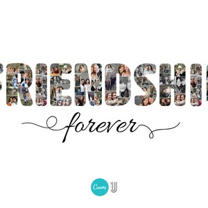 Pode incluir: Uma colagem de fotos que soletra a palavra "FRIENDSHIP" com a palavra "forever" escrita abaixo. A colagem &eacute; composta por muitas fotos diferentes de pessoas, todas sorrindo e parecendo felizes.