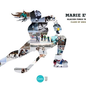 Peut inclure: Un collage de photos de personnes faisant du patin &agrave; glace et jouant au hockey, formant la silhouette d'un joueur de hockey. Le texte "MARIE EVE GLACIER FORCE TEAM CLASS OF 2024" est en haut &agrave; droite de l'image.