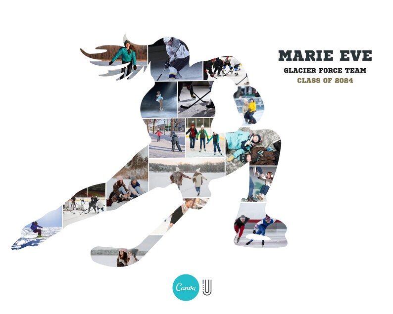 Peut inclure: Un collage de photos de personnes faisant du patin &agrave; glace et jouant au hockey, formant la silhouette d'un joueur de hockey. Le texte "MARIE EVE GLACIER FORCE TEAM CLASS OF 2024" est en haut &agrave; droite de l'image.