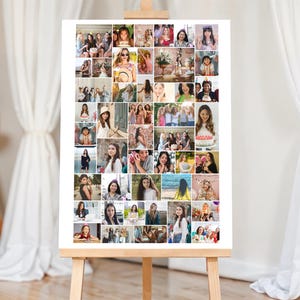 May include: A large white photo collage displayed on a wooden easel. The collage is composed of numerous small photos featuring women in various settings, including outdoor scenes and celebrations. The overall theme suggests a celebration or event.