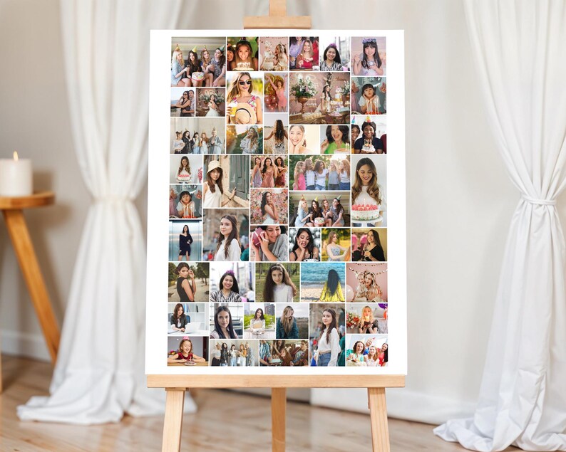 May include: A large white photo collage displayed on a wooden easel. The collage is composed of numerous small photos featuring women in various settings, including outdoor scenes and celebrations. The overall theme suggests a celebration or event.