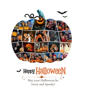 Peut inclure: Un collage photo en forme de citrouille pr&eacute;sentant diverses sc&egrave;nes d'Halloween avec des personnes costum&eacute;es, des citrouilles sculpt&eacute;es et des squelettes. Sous le collage, le texte indique Happy Halloween et May your Halloween be Sweet and Spooky.
