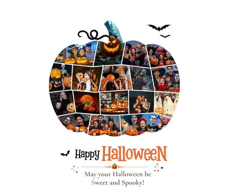 Peut inclure: Un collage photo en forme de citrouille pr&eacute;sentant diverses sc&egrave;nes d'Halloween avec des personnes costum&eacute;es, des citrouilles sculpt&eacute;es et des squelettes. Sous le collage, le texte indique Happy Halloween et May your Halloween be Sweet and Spooky.