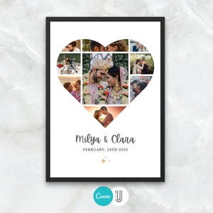 Puede incluir: Un collage de fotos blanco en un marco negro con una disposici&oacute;n en forma de coraz&oacute;n de fotos de una pareja. El texto "Milva & Clara" y "Febrero 24th 2023" est&aacute; impreso debajo del collage.