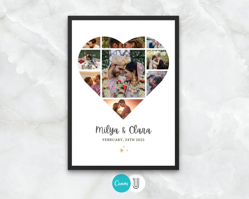 Puede incluir: Un collage de fotos blanco en un marco negro con una disposici&oacute;n en forma de coraz&oacute;n de fotos de una pareja. El texto "Milva & Clara" y "Febrero 24th 2023" est&aacute; impreso debajo del collage.