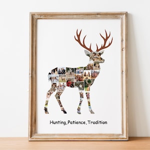 Pode incluir: Uma impress&atilde;o art&iacute;stica emoldurada apresentando a silhueta de um veado preenchida com uma colagem de pequenas fotografias. O veado tem chifres castanhos e o texto "Hunting, Patience, Tradition" est&aacute; impresso a preto no fundo branco.