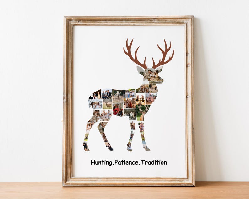 Pode incluir: Uma impress&atilde;o art&iacute;stica emoldurada apresentando a silhueta de um veado preenchida com uma colagem de pequenas fotografias. O veado tem chifres castanhos e o texto "Hunting, Patience, Tradition" est&aacute; impresso a preto no fundo branco.