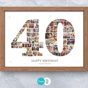 May include: A white framed photo collage of the number 40 made from smaller photos. The number is surrounded by a white background with gold glitter. The text "Happy Birthday Olivia Wilson" is below the number.