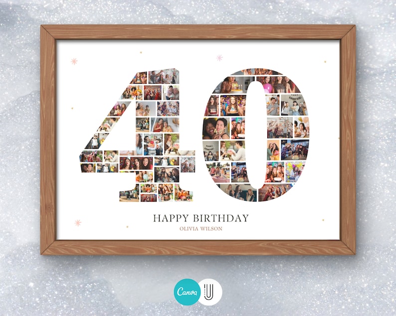 May include: A white framed photo collage of the number 40 made from smaller photos. The number is surrounded by a white background with gold glitter. The text "Happy Birthday Olivia Wilson" is below the number.