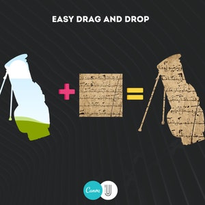 May include: A graphic illustration showing a golf bag with a landscape scene inside, a plus sign, a piece of paper with text, and an equals sign. The golf bag on the right side of the image has text on it. The text reads "EASY DRAG AND DROP".