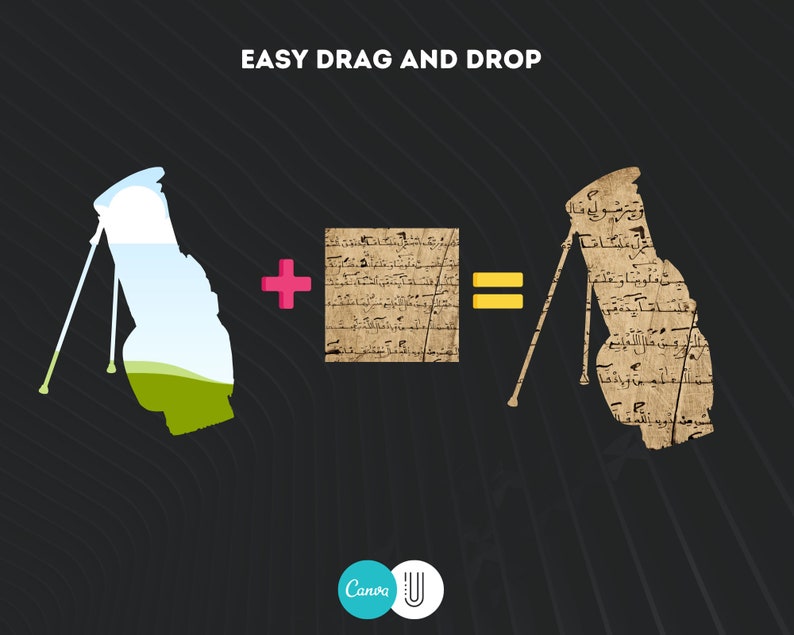 May include: A graphic illustration showing a golf bag with a landscape scene inside, a plus sign, a piece of paper with text, and an equals sign. The golf bag on the right side of the image has text on it. The text reads "EASY DRAG AND DROP".