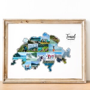 May include: A framed print with a collage of travel photos in the shape of Switzerland. The print is in a light brown wooden frame. The words "Travel" and "Switzerland" are written in black script.