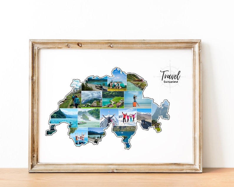 May include: A framed print with a collage of travel photos in the shape of Switzerland. The print is in a light brown wooden frame. The words "Travel" and "Switzerland" are written in black script.