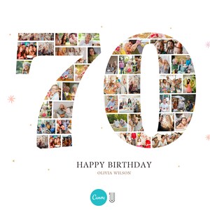 Puede incluir: Un collage de fotos con forma de n&uacute;mero 70, compuesto por muchas fotos m&aacute;s peque&ntilde;as de personas. El texto "Happy Birthday Olivia Wilson" est&aacute; debajo del collage.