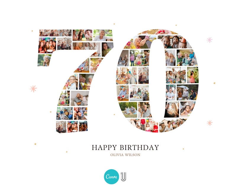 Puede incluir: Un collage de fotos con forma de n&uacute;mero 70, compuesto por muchas fotos m&aacute;s peque&ntilde;as de personas. El texto "Happy Birthday Olivia Wilson" est&aacute; debajo del collage.
