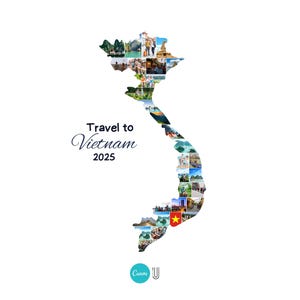 May include: A white background with a map of Vietnam filled with various travel photos. The text "Travel to Vietnam 2025" is displayed in elegant script. A travel-themed graphic.